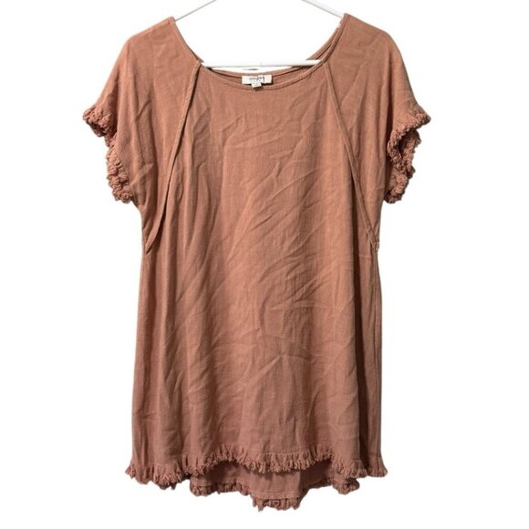 Umgee Linen Blend Top Size S Mauve Tan Flowing Short Slv Raw Frayed Hem Boho - Picture 1 of 8